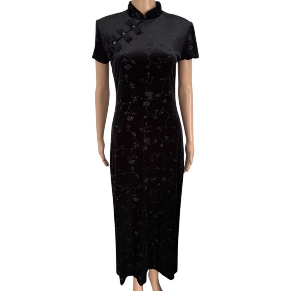 Vintage Black Velvet Cheongsam Whimsigoth Maxi Burnout Devoré Floral Dress Slit